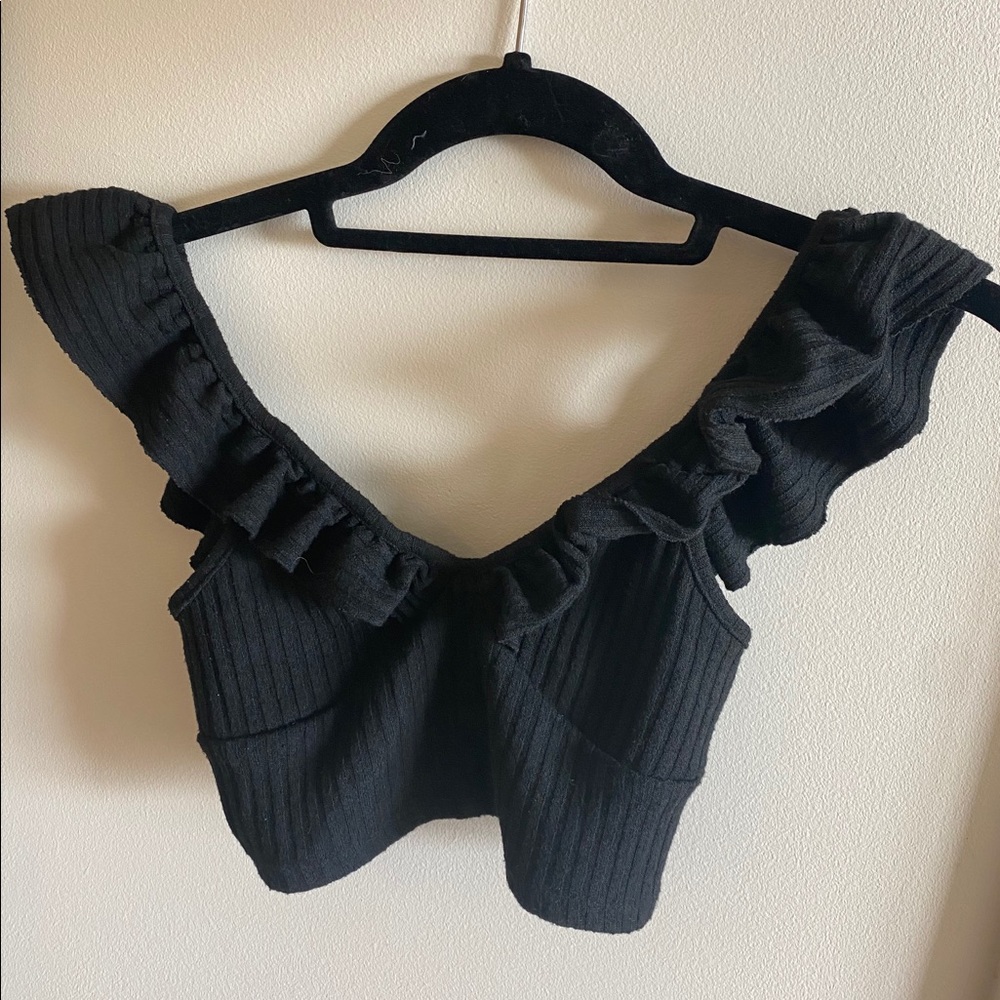 Urban Outfitters Black Ribbed Ruffle Crop Top